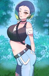  amrbatafri ass bare_shoulders black_choker black_shirt blue_hair bob_cut breasts brown_eyes choker cleavage collarbone crop_top denim female gradient_hair grey_shirt highres jeans large_breasts loose_hair_strand midriff multicolored_hair navel one_eye_closed pants perrin_(pokemon) pokemon pokemon_sv ribbed_shirt shirt sleeveless sleeveless_shirt solo sweat two-tone_hair undershirt v-neck 