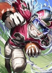  1boy absurdres american_football american_football_(object) american_football_uniform ball black_gloves black_hair clenched_hand eyeshield_21 gloves grass helmet highres holding holding_ball kobayakawa_sena male_focus nemoto_yuuma pants red_shirt running shirt sky smoke solo sportswear visor white_pants 