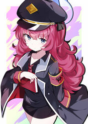  armband black_shirt blue_archive blush book female halo hat highres iroha_(blue_archive) jacket looking_at_viewer military military_hat military_uniform necktie omochishiki red_hair red_necktie safety_pin shirt solo thighs uniform 