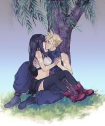  1boy bare_arms bare_shoulders black_footwear black_hair black_skirt black_thighhighs blonde_hair boots breasts closed_eyes cloud_strife commentary_request couple crop_top female final_fantasy final_fantasy_vii final_fantasy_vii_remake full_body grass hand_on_another&#039;s_back heart holding_hands kissing large_breasts leaf long_hair low-tied_long_hair midriff navel pudelmudel red_footwear sitting sitting_on_lap sitting_on_person skirt sleeveless sleeveless_turtleneck spiked_hair straight suspender_skirt suspenders tank_top thighhighs tifa_lockhart tree turtleneck 