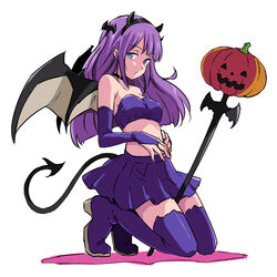  2022 bandeau bare_shoulders bat_hair_ornament black_choker blue_eyes blunt_ends boots bridal_gauntlets choker commentary demon_horns demon_tail demon_wings elbow_gloves fake_horns fake_tail fake_wings female full_body gloves hair_ornament half-closed_eyes halloween halloween_costume highres horns jack-o&#039;-lantern kaguya_madoka kneeling long_hair looking_at_viewer midriff miniskirt parted_lips pleated_skirt precure purple_bandeau purple_footwear purple_gloves purple_hair purple_skirt simple_background skirt solo staff star_twinkle_precure tail thigh_boots uraki white_background wings 