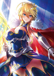  artoria_pendragon_(fate) artoria_pendragon_(lancer)_(fate) bare_shoulders blonde_hair blue_eyes blue_gloves blue_leotard blue_thighhighs braid breasts cape cleavage cleavage_cutout clothing_cutout crown elbow_gloves fate/grand_order fate_(series) female french_braid fur_collar gloves hair_between_eyes highleg highleg_leotard holding holding_weapon lance large_breasts leotard long_hair looking_at_viewer musou_yuchi panties parted_lips polearm red_cape rhongomyniad_(fate) sidelocks skirt sleeveless sleeveless_turtleneck solo thighhighs thighs turtleneck underwear weapon 