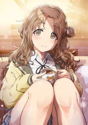  animal_print ayano_yuu_(sonma_1426) bear_print black_ribbon brown_eyes brown_hair cardigan closed_mouth coffee coffee_mug commentary cup dress_shirt female grey_skirt hair_bun hair_ribbon highres holding ichikawa_hinana idolmaster idolmaster_shiny_colors indoors light_particles long_hair long_sleeves looking_at_viewer miniskirt mug neck_ribbon open_cardigan open_clothes parted_bangs plaid plaid_skirt pleated_skirt ribbon school_uniform shirt single_hair_bun single_side_bun sitting skirt sleeves_past_wrists smile solo sunlight white_ribbon white_shirt wing_collar yellow_cardigan 