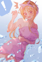  ! ^^^ absurdres alice_zuberg arito_arayuru arm_under_breasts bare_arms bare_shoulders blue_background blush breasts commentary_request cowboy_shot female gradient_background hairband hand_up highres large_breasts looking_at_viewer naked_towel open_mouth orange_hair pink_hairband purple_eyes short_hair_with_long_locks sidelocks solo speech_bubble spoken_exclamation_mark sword_art_online sword_art_online:_alicization towel water_drop wet 