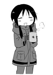  blush_stickers chito_(shoujo_shuumatsu_ryokou) closed_eyes coffee coffee_mug commentary_request cup female gloves greyscale holding military military_uniform monochrome mug shoujo_shuumatsu_ryokou solo steam twintails uniform yuyu_(yuuuyuuu69) 