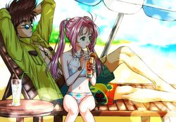  1boy akira_ituki arms_behind_back beach bikini blue-tinted_eyewear blurry blurry_background collared_shirt day dress_shirt drinking drinking_straw female floating_hair hair_ornament hair_scrunchie lens_flare long_hair macross macross_7 male_swimwear mylene_jenius nekki_basara open_clothes open_shirt outdoors parasol pink_hair print_bikini scrunchie shirt sitting sunglasses swimsuit tinted_eyewear twintails umbrella very_long_hair white_bikini wing_collar yellow_shirt 