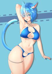  absurd_res animal_humanoid bikini blue_eyes blue_hair breasts cat_humanoid clothed clothing felid felid_humanoid feline feline_humanoid female hair hi_res humanoid mammal mammal_humanoid peachcupp pose solo swimwear wide_hips 