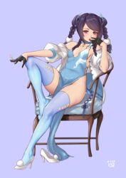  black_gloves blue_hair blue_thighhighs breasts chair china_dress chinese_clothes cigarette cosplay dress feet female finalcake full_body girls&#039;_frontline gloves half_gloves high_heels highres jill_stingray legs looking_at_viewer no_bra no_panties no_shoes pa-15_(alluring_larkspur)_(girls&#039;_frontline) pa-15_(girls&#039;_frontline) pa-15_(girls&#039;_frontline)_(cosplay) red_eyes revealing_clothes shoes small_breasts smoke thighhighs toes unworn_shoes va-11_hall-a white_background white_footwear 