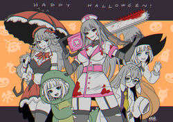  absurdres animal_costume animal_hood breasts chainsaw coat dinosaur_costume fangs garter_straps gawr_gura glasses halloween hat highres hololive hololive_english holomyth hood kai_e labcoat mori_calliope multicolored_hair ninomae_ina&#039;nis nurse nurse_cap oversized_clothes scientist sharp_teeth streaked_hair takanashi_kiara teeth thighhighs vampire virtual_youtuber watson_amelia white_coat witch_hat 