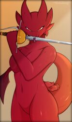  absurd_res anthro breasts dragon featureless_crotch female forked_tongue hi_res horn licking_sword looking_at_viewer melee_weapon mythological_creature mythological_scalie mythology navel novah_ikaro red_body red_eyes red_scales ring scales scalie shaded solo sword tail tongue viscera_maderi_(character) weapon wingless_dragon 