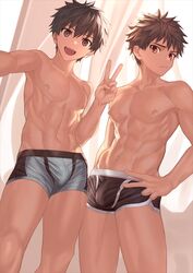  2boys abs black_hair black_male_underwear boxer_briefs brown_hair closed_mouth green_male_underwear highres male_focus male_underwear multiple_boys navel nayoshi_(r-744) nipples open_mouth original pectorals short_hair smile toned toned_male topless_male underwear v 