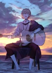  1boy :d absurdres acoustic_guitar black_choker black_pants bracelet brown_sweater chair choker cloud collarbone guitar highres holostars instrument jewelry lens_flare looking_at_viewer male_focus music necklace nemoto_yuuma open_mouth pants pink_hair playing_instrument rikka_(holostars) single_sleeve sitting sky smile soaking_feet solo sunrise sweater virtual_youtuber water 