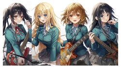  4girls :d :o absurdres adjusting_hair aibek akiyama_mio bad_id bad_twitter_id bass_guitar black_hair black_pantyhose blazer blonde_hair blue_bow blue_bowtie blue_eyes blush bow bowtie breasts brown_eyes chromatic_aberration closed_mouth collared_shirt commentary_request cowboy_shot dot_nose electric_guitar fender_jazz_bass fender_mustang floating_hair gibson_les_paul gradient_background green_jacket grey_skirt guitar hair_between_eyes hair_ornament hairclip highres hirasawa_yui holding holding_instrument instrument jacket k-on! keyboard_(instrument) korg_triton kotobuki_tsumugi large_breasts leaning_forward light_smile long_hair looking_at_viewer medium_breasts medium_hair miniskirt multiple_girls music nakano_azusa neck_ribbon neckerchief open_mouth pantyhose piano pleated_skirt plectrum red_neckerchief ribbon sakuragaoka_high_school_uniform school_uniform serafuku shirt skirt small_breasts smile teeth tongue twintails upper_body white_background white_shirt winter_uniform yellow_eyes 