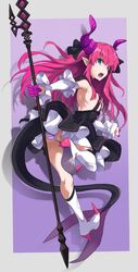  absurdres ass black_skirt blue_eyes breasts curled_horns detached_sleeves dragon_girl dragon_horns dragon_tail elizabeth_bathory_(fate) elizabeth_bathory_(fate/extra_ccc) elizabeth_bathory_(first_ascension)_(fate) fate/extra fate/extra_ccc fate/grand_order fate_(series) female from_behind full_body hair_ribbon highres horns long_hair looking_at_viewer oerba_yun_fang open_mouth panties pink_hair pointy_ears pretty-purin720 purple_ribbon ribbon sarkany_csont_landzsa skirt small_breasts smile solo striped_clothes striped_panties tail underwear 