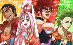  2boys 2girls :d akira_ituki animal_on_head arm_up armpits blue-tinted_eyewear blue_eyes breasts brown_hair cleavage collarbone earrings facial_hair fire_bomber floating_hair green_eyes green_hair guvava holding jewelry long_hair macross macross_7 medium_breasts moustache multiple_boys multiple_girls mylene_jenius nekki_basara on_head open_mouth orange_shirt pink_hair pointy_ears ray_lovelock round_eyewear shirt short_hair sleeveless smile spiked_hair sunglasses tinted_eyewear upper_body veffidas_feaze very_long_hair very_short_hair yellow_eyes 