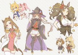  +_+ 6+girls :d absurdres animal_ears black_coat black_dress black_footwear black_gloves black_legwear black_necktie blonde_hair blue_coat blue_eyes boots brown_hair broye_(umamusume) buruma chibi coat dress enonko fold-over_boots full_body gloves gold_city_(umamusume) grin hair_ornament hand_in_pocket haru_urara_(umamusume) hat headband highres horse_ears horse_girl horse_tail jacket long_hair looking_at_another marvelous_sunday_(umamusume) multiple_girls necktie orange_eyes pink_eyes pink_hair purple_eyes red_buruma red_dress red_gloves red_shirt sakura_bakushin_o_(umamusume) shirt short_sleeves skirt sleeveless sleeveless_dress smile star_(symbol) striped striped_background sweep_tosho_(umamusume) tail teeth thigh_boots thighhighs track_jacket track_uniform twintails umamusume white_dress white_gloves white_jacket white_legwear white_skirt witch_hat yukino_bijin_(umamusume) 