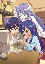  1boy 2girls :3 ahoge aqua_shirt blue_hair blush casual chair clenched_hand commentary_request computer_keyboard desk family father_and_daughter ghost green_eyes hair_between_eyes hotaru_iori husband_and_wife ichimi_renge index_finger_raised indoors izumi_kanata izumi_konata izumi_soujirou light_blush long_hair lucky_star mole mole_under_eye monitor mother_and_daughter multiple_girls open_mouth pointing second-party_source shelf shirt sidelocks sitting smile thick_eyebrows tongue v-shaped_eyebrows very_long_hair 