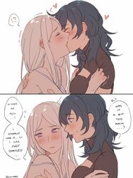  !? 2girls blue_eyes blue_hair blush byleth_(female)_(fire_emblem) byleth_(fire_emblem) closed_eyes ear_blush edelgard_von_hresvelg english_commentary english_text fire_emblem fire_emblem:_three_houses flying_sweatdrops french_kiss heart highres kissing multiple_girls parted_lips purple_eyes spoken_interrobang surprised sweatdrop tongue twitter_username yukari_(bryleluansing) yuri 