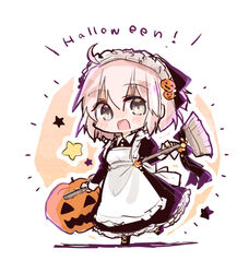  ahoge alternate_costume apron broom chibi enmaided fate/grand_order fate_(series) female halloween jack-o&#039;-lantern maid maid_apron maid_headdress okita_souji_(fate) okita_souji_(koha-ace) shio_kuzumochi smile star_(symbol) 