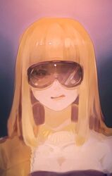  :q blonde_hair blunt_bangs breasts cleavage commentary cyber_diva female glasses jacket light_smile long_hair looking_at_viewer mi_no_take one_eye_covered portrait solo tongue tongue_out vocaloid yellow_jacket 