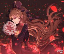  black_dress blonde_hair chinese_clothes commentary_request crescent dress falling_petals female flower frilled_sleeves frills half-closed_eyes highres holding holding_flower junko_(touhou) kemo_chiharu lily_(flower) long_hair long_sleeves neck_ribbon orange_hair parted_lips petals phoenix_crown pom_pom_(clothes) red_eyes red_tabard ribbon signature solo tabard touhou very_long_hair wide_sleeves yellow_ribbon 