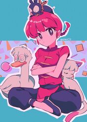  bad_id bad_twitter_id bird blush braid breasts closed_eyes duck feline female glasses highres menma_(enaic31) mousse_(duck)_(ranma_1/2) mousse_(ranma_1/2) on_floor p-chan pig ranma-chan ranma_1/2 red_hair shampoo_(cat) sitting smile twitter_username 