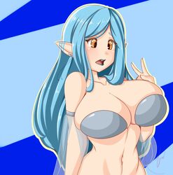  absurd_res big_breasts blue_hair breasts cleavage clothed clothing elf female hair hi_res humanoid humanoid_pointy_ears not_furry peachcupp solo 