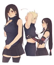  1boy abs bad_id bad_twitter_id bare_shoulders black_hair black_skirt black_thighhighs blonde_hair blue_eyes blush breasts cloud_strife couple crop_top detached_sleeves earrings female final_fantasy final_fantasy_vii final_fantasy_vii_remake fingerless_gloves gloves highres jewelry large_breasts long_hair low-tied_long_hair midriff pudelmudel red_eyes skirt sleeveless sleeveless_turtleneck spiked_hair straight suspender_skirt suspenders tank_top thighhighs tifa_lockhart turtleneck undressing white_background zettai_ryouiki 