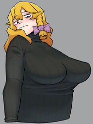  alternate_costume alternate_eye_color bad_anatomy bad_id bad_twitter_id bags_under_eyes black_eyes black_sweater blonde_hair blush bow braid breast_focus breasts closed_mouth commentary cookie_(touhou) female grey_background hairbow kirisame_marisa large_breasts long_hair looking_down mars_(cookie) ohasi purple_bow ribbed_sweater side_braid simple_background single_braid solo sweater touhou turtleneck turtleneck_sweater upper_body wavy_mouth 