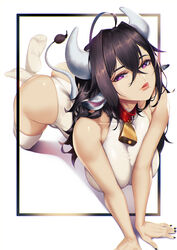  ahoge all_fours animal_collar animal_ears ass bell black_hair black_nails blueorca breasts collar cow_ears cow_girl cow_horns cow_tail cowbell female hair_between_eyes highleg highleg_leotard highres horns large_breasts leotard licking_lips lips long_hair mole mole_under_mouth neck_bell no_shoes original purple_eyes red_collar soles solo tail thighhighs thong_leotard tongue tongue_out white_leotard white_thighhighs 