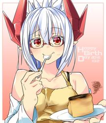  apron black_bra bra bra_strap breasts burnt_food cake cake_slice dated demon_girl demon_horns eating female food glasses happy_birthday horns large_breasts long_hair lorem_(mazohaha) musuko_ga_kawaikute_shikatanai_mazoku_no_hahaoya mutsuki_nekohachi oerba_yun_fang outside_border plate pointy_ears ponytail red-framed_eyewear red_eyes red_horns shirt solo underwear upper_body white_hair white_shirt yellow_apron 