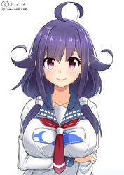  ahoge animal_print blue_sailor_collar breasts commentary_request dated female fish_print hair_flaps kantai_collection large_breasts low_twintails magatama neckerchief one-hour_drawing_challenge purple_hair red_eyes red_neckerchief sailor_collar shiromaru_(maniado) simple_background solo taigei_(kancolle) twintails twitter_username upper_body whale_print white_background 