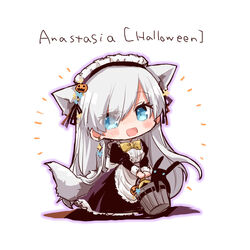  alternate_costume anastasia_(fate) animal_ears apron blue_eyes bucket chibi enmaided fate/grand_order fate_(series) female grey_hair hair_over_one_eye halloween jack-o&#039;-lantern maid maid_apron maid_headdress shio_kuzumochi smile tail viy_(fate) 