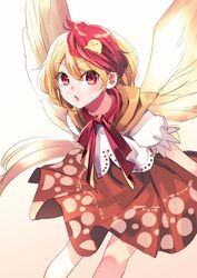  animal_on_head bird bird_on_head bird_tail bird_wings blonde_hair brown_dress chick dress feathered_wings female highres katayama_kei multicolored_hair niwatari_kutaka on_head one-hour_drawing_challenge open_mouth orange_dress red_eyes red_hair shirt solo tail touhou two-tone_hair white_shirt wings yellow_wings 