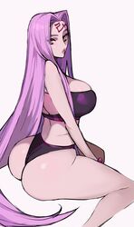  absurdres arched_back ass bikini black_bikini breasts commentary ennuigrl facial_mark fate/stay_night fate_(series) female forehead_mark hair_intakes highres large_breasts long_hair looking_back medusa_(fate) medusa_(rider)_(fate) purple_background purple_hair simple_background sitting solo swimsuit thick_thighs thighs very_long_hair wariza yellow_eyes 