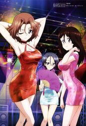  3girls absurdres adjusting_hair aqua_dress armpits arms_behind_head azumi_(girls_und_panzer) bare_arms bare_legs bare_shoulders black_hair bodycon breasts brown_hair ceiling cleavage closed_mouth collarbone dance_floor disco_ball dress girls_und_panzer glasses grey_eyes hair_between_eyes hand_fan highres holding holding_fan indoors itou_takeshi large_breasts legs long_hair long_sleeves looking_at_viewer megami_magazine megumi_(girls_und_panzer) multiple_girls nightclub no_bra one_eye_closed pencil_dress pink_dress red_dress round_eyewear rumi_(girls_und_panzer) scan shiny_clothes short_dress short_hair sleeveless sleeveless_dress smile speaker spotlight standing thighs 