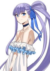  asymmetrical_hair bare_shoulders bikini blue_eyes blue_ribbon blush breasts choker closed_mouth collarbone commentary_request earrings fate/grand_order fate_(series) female frilled_bikini frills hair_ribbon highres jewelry long_hair long_sleeves looking_at_viewer meltryllis_(fate) meltryllis_(swimsuit_lancer)_(fate) meltryllis_(swimsuit_lancer)_(third_ascension)_(fate) michihasu navel puffy_sleeves purple_hair ribbon side_ponytail simple_background sleeves_past_fingers sleeves_past_wrists small_breasts smile swimsuit very_long_hair white_background white_bikini white_ribbon 