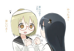  2girls black_hair blonde_hair blue_eyes commentary_request egg_(food) food food_on_head fried_egg glasses holding_hands interlocked_fingers long_hair multiple_girls mushroom mushroom_on_head object_on_head orange_eyes red-framed_eyewear round_eyewear school_uniform semi-rimless_eyewear shimeji_simulation short_hair translated tsukishima_shijima white_background yamashita_majime yuri yuyu_(yuuuyuuu69) 