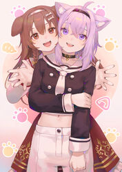  2girls :d absurdres ahoge animal_ear_fluff animal_ears bibimbub black_collar black_shirt blush bone_hair_ornament braid breasts brown_eyes brown_hair cat_ears cheek-to-cheek collar commentary cowboy_shot dog_ears dog_girl dress eyelashes fangs hair_between_eyes hair_ornament hairband heads_together highres holding_own_arm hololive inugami_korone inugami_korone_(1st_costume) inugami_korone_(street) light_purple_hair looking_at_viewer medium_breasts medium_hair midriff multiple_girls navel neckerchief nekomata_okayu nekomata_okayu_(casual) official_alternate_costume open_mouth palms patterned_background paw_print paw_print_background purple_eyes red_skirt school_uniform serafuku shirt short_hair shorts simple_background skirt smile symbol-only_commentary virtual_youtuber white_dress white_neckerchief white_shorts 