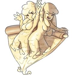  1:1 alpha_channel animate_inanimate blonde_hair breasts cheese dairy_products digital_media_(artwork) duo fakemon female food food_creature food_hair food_humanoid goo_creature goo_humanoid hair hand_holding humanoid melted_cheese mozzamazel not_furry official_art open_mouth open_smile pizza pokemon_clover pseudo_hair red_eyes smile teeth unknown_artist yellow_body yellow_skin 