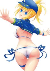  ahsiu artoria_pendragon_(all) ass bikini blonde_hair blue_eyes blush breasts cowboy_shot fate/grand_order fate_(series) female female from_behind hat mysterious_heroine_xx_(foreigner) open_mouth outstretched_arms ponytail side-tie_bikini simple_background solo spread_arms swimsuit two-tone_bikini white_background white_bikini 