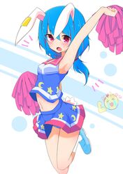  animal_ears arm_up armpits blue_footwear blue_hair blue_panties blue_shirt blue_skirt blush cheerleader commentary_request crop_top earclip female highres inon leg_up long_hair low_twintails midriff miniskirt navel open_mouth panties panty_peek pom_pom_(cheerleading) protected_link rabbit_ears rabbit_tail red_eyes seiran_(touhou) shirt shoes skirt sleeveless sleeveless_shirt socks solo standing standing_on_one_leg tail touhou twintails underwear wind wind_lift 