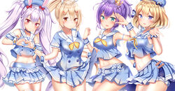  4girls :d :o absurdres anchor_print animal_ears aqua_eyes armpit_peek armpits ayanami_(azur_lane) ayanami_(grade_a_sailor_uniform)_(azur_lane) azur_lane bare_arms bare_shoulders beret blonde_hair blue_choker blue_headwear blue_shirt blue_shorts blue_skirt blush bow bowtie breasts buttons choker clothes_lift collarbone commentary_request cowboy_shot crop_top crop_top_overhang crown detached_sleeves double-breasted feet_out_of_frame floating_hair frilled_cuffs frilled_sleeves frills hair_between_eyes hair_ornament hair_ribbon hairbow hand_on_own_hip hand_up hands_up hat headgear heart heart_hands highres javelin_(azur_lane) javelin_(let&#039;s_become_waitresses!)_(azur_lane) laffey_(azur_lane) laffey_(bunny_clerk?)_(azur_lane) large_breasts layered_skirt lifting_own_clothes light_purple_hair long_hair looking_at_viewer medium_breasts midriff mini_crown miniskirt multiple_girls navel neck_ribbon official_alternate_costume open_mouth orange_bow orange_eyes parted_lips plaid plaid_bow pleated_skirt ponytail purple_eyes purple_hair rabbit_ears rabbit_tail red_bow red_eyes ribbon sailor_collar school_uniform serafuku shirt short_hair short_shorts short_sleeves shorts shorts_under_skirt side-by-side sidelocks simple_background skirt skirt_hold skirt_lift sleeveless sleeveless_shirt small_breasts smile standing stomach tail thighhighs thighs twintails very_long_hair wavy_hair white_background white_bow white_sailor_collar white_thighhighs wrist_cuffs x_hair_ornament yellow_bow yellow_ribbon yuano z23_(azur_lane) z23_(perfect_smile?)_(azur_lane) zettai_ryouiki 