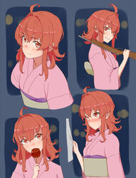  ahoge alternate_costume arashi_(kancolle) blush candy_apple clothes_grab clothes_pull commentary_request female food grin holding holding_food japanese_clothes kantai_collection kimono looking_at_viewer messy_hair multiple_views night nose_blush obi over_shoulder pink_kimono red_eyes red_hair sash sleeve_grab smile summer_festival tsurugi_(the_horizon) weapon weapon_over_shoulder yukata 