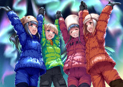  4girls :d arms_up aurora black_hair blonde_hair blue_eyes brown_hair closed_eyes commentary_request cowboy_shot fanbox_reward grin happy hat highres holding_hands interlocked_fingers kobuchizawa_shirase long_hair long_sleeves miyake_hinata multiple_girls night open_mouth outdoors paid_reward piromizu ponytail shiraishi_yuzuki sidelocks ski_gear sky smile sora_yori_mo_tooi_basho standing star_(sky) starry_sky tamaki_mari yellow_eyes 