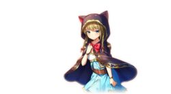  animal_hood blue_dress blue_eyes blush bow bracelet braid brown_hair cape cat_hood clothes_grab dress female girls_symphony hand_up highres hood hooded_cape jewelry looking_at_viewer medium_hair official_art piano_print red_bow solo transparent_background twin_braids 