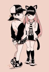  2girls animal_ears baseball_cap black_legwear black_skirt cat_ears cat_tail character_name clothes_writing commentary_request fake_animal_ears hair_ribbon hashimoto_nyaa hat hat_with_ears jacket matahei matching_outfits md5_mismatch multicolored_hair multiple_girls osomatsu-san osomatsu_(series) paw_print pink_hair ribbon shirt shoes skirt sneakers streaked_hair striped_clothes striped_shirt tail thighhighs twintails white_jacket yowai_totoko 