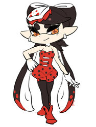  +_+ alternate_color ankle_boots bare_shoulders black_hair boots callie_(splatoon) closed_mouth commentary_request coula_cat crossed_legs detached_collar earrings female flat_color food food_on_head full_body gloves hair_rings hand_on_own_hip inkling jewelry jumpsuit long_hair looking_at_viewer mole mole_under_eye multicolored_hair object_on_head orange_eyes pantyhose pointy_ears polka_dot red_footwear red_hair red_jumpsuit short_jumpsuit simple_background smile solo splatoon_(series) splatoon_1 strapless suction_cups symbol-shaped_pupils tentacle_hair two-tone_hair very_long_hair watson_cross white_background white_gloves 