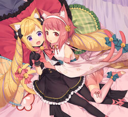  2girls :d animal_ear_fluff animal_ears ankle_ribbon bed_sheet bell black_bow black_gloves black_jacket black_legwear black_skirt blonde_hair blue_bow blush bow cat_ears cat_girl cat_tail center_frills commentary_request elbow_gloves elise_(fire_emblem) fingerless_gloves fire_emblem fire_emblem_fates floral_print frilled_pillow frilled_skirt frills fur-trimmed_legwear fur_trim gloves hair_ornament hairband hairbow hand_fan jacket japanese_clothes jingle_bell kemonomimi_mode kimono leg_ribbon long_hair looking_at_viewer multicolored_hair multiple_girls multiple_tails no_shoes obi oerba_yun_fang on_bed open_mouth pantyhose paper_fan paw_pose pillow pink_bow pink_gloves pink_hair pink_kimono pink_legwear plaid_pillow poppy_(poppykakaka) puffy_short_sleeves puffy_sleeves purple_eyes purple_hair red_eyes red_hair ribbon sakura_(fire_emblem) sakura_(halloween)_(fire_emblem) sash shirt short_hair short_sleeves sidelocks skirt smile streaked_hair swept_bangs tail tail_bell tail_bow tail_ornament thighhighs toeless_legwear twintails two_tails very_long_hair white_hairband white_shirt zettai_ryouiki 