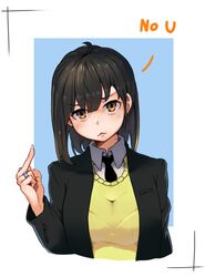  :&lt; black_hair black_jacket black_necktie blue_background blush breasts cardigan collared_shirt english_text female freckles hand_up head_tilt jacket jewelry kion-kun large_breasts looking_at_viewer medium_hair middle_finger mole mole_on_neck necktie no_u open_clothes open_jacket orange_eyes original ring school_uniform shirt solo upper_body white_shirt wing_collar yellow_cardigan 